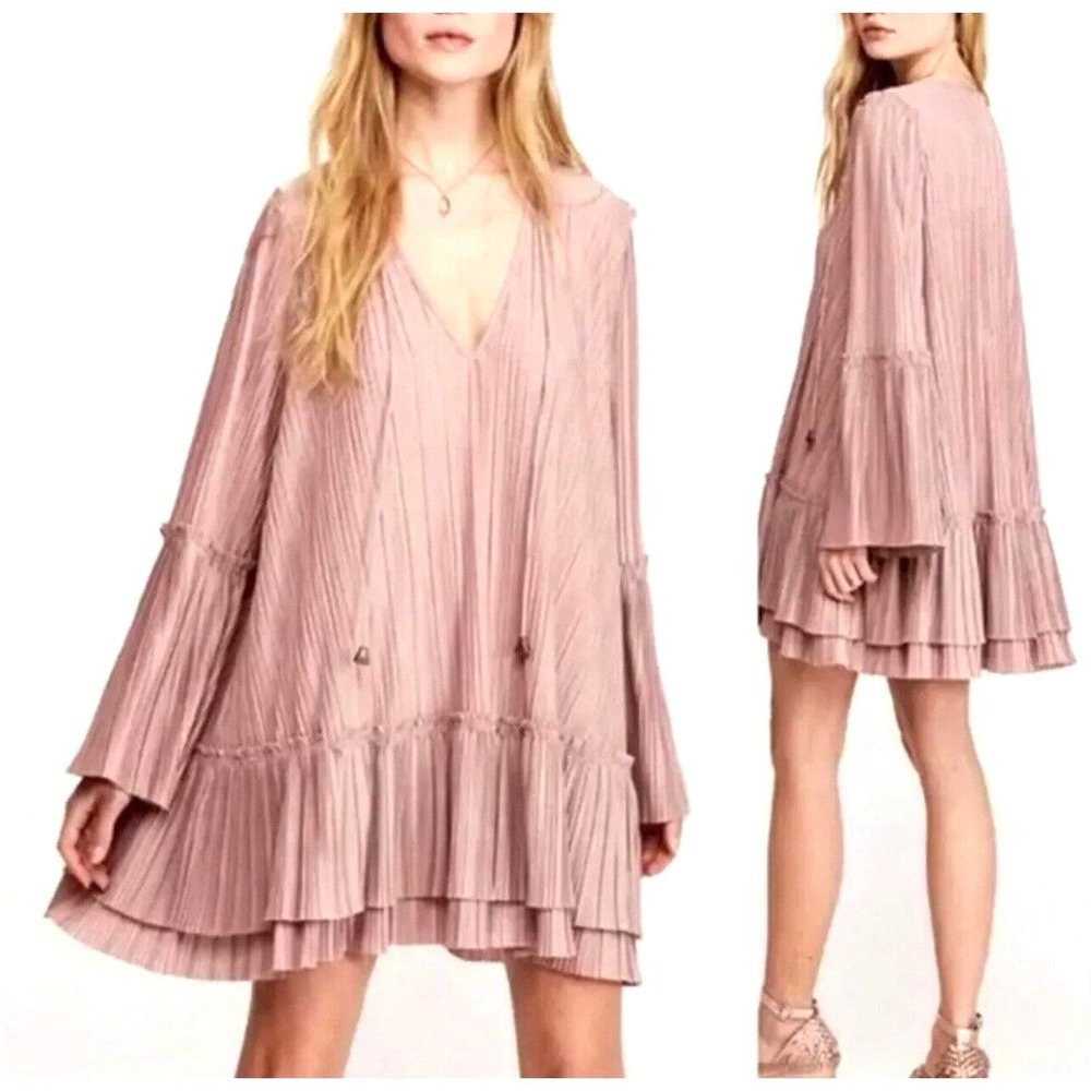 Free People Mini Dress Women XS Pink Pleated Bell Sleeve Boho Tie V-Neck